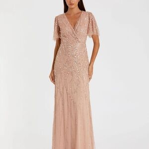 Mac Duggal Pink and Gold Sequin Gown with Flutter Sleeves